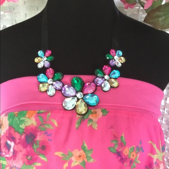 🌺🌸 Multicolor Floral Rhinestone Bib Necklace Flower Crystal Statement NEW 🌸🌺 - Picture 8 of 9